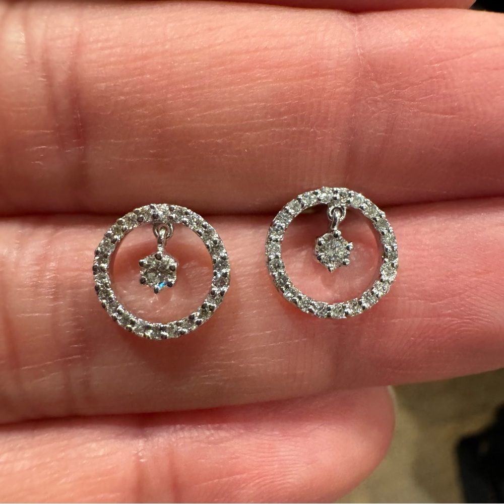 14K White Gold Pave Diamond Drop Circle Earrings